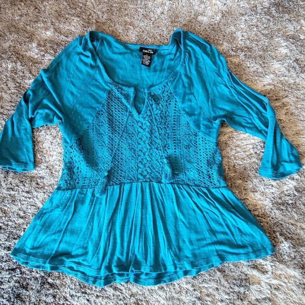 Rue21 Teal Blue Flowy Peplum Blouse 3/4 Sleeve Ties Size Small